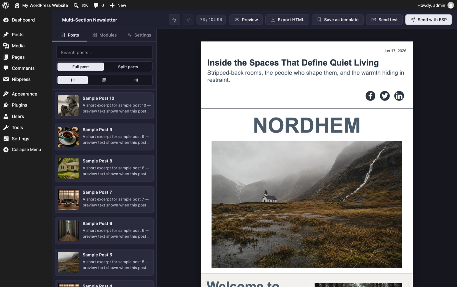 The Nibpress editor open in WordPress, showing a newsletter on the canvas with the posts panel and the send toolbar